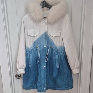 Tie-dye Blue and White Jacket with Fur Collar